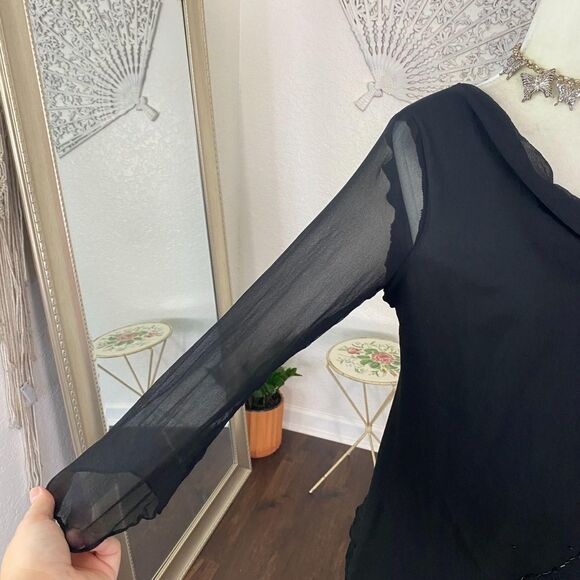 Vintage 90s Whimsygoth Asymmetric Black Beaded Silk 3/4 Sleeve Blouse L - Picture 4 of 8